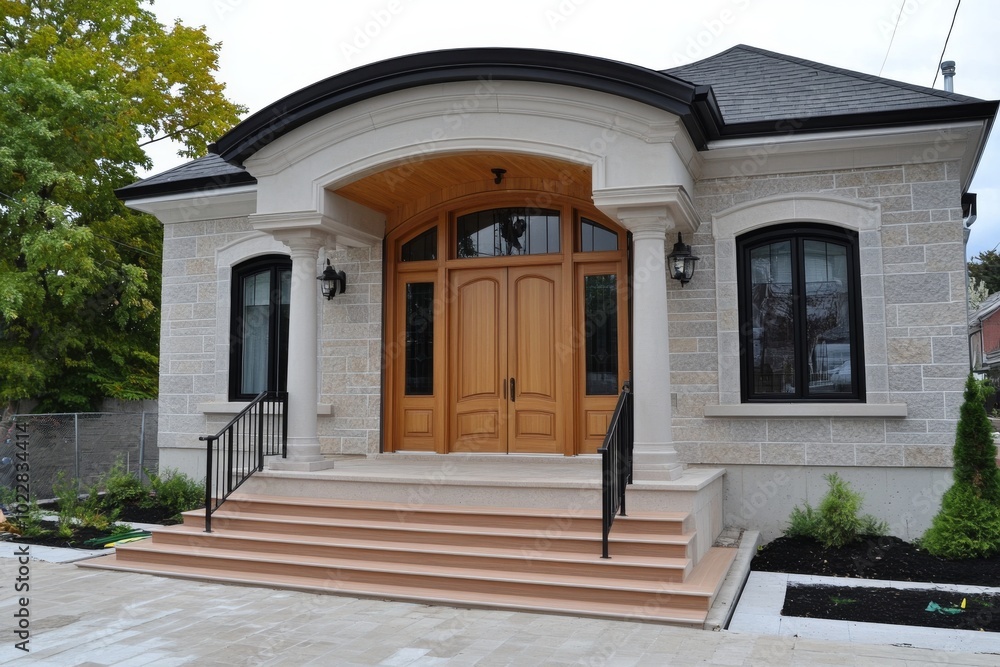 A Front Door with Arched Wooden Double Doors, Flanked by Black Windows, Set into an Overhang on the Right Side of a Stone and Wood House with White Trim`` A Front Door with Arched Wooden Double Doors, Flanked by Black Windows, Set into an Overhang on the Right Side of a Stone and Wood House with White Trim``