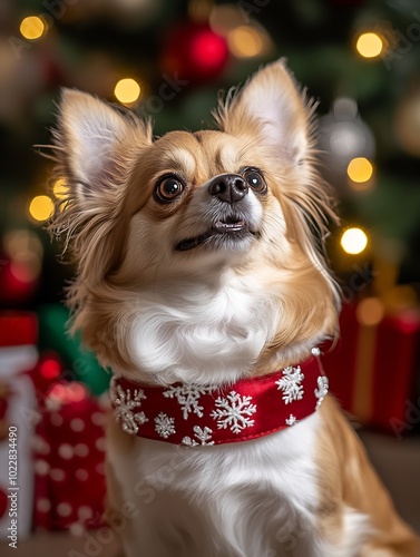 colofull ultra photo realistic nice dog with a christmas three on the background : Generative AI photo