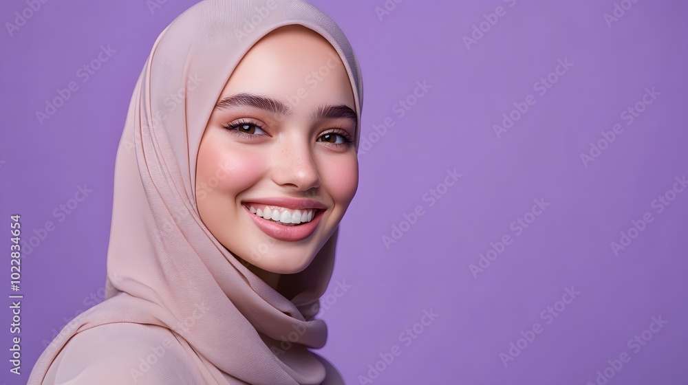 An attractive young woman wearing a hijab, smiling against a solid purple background