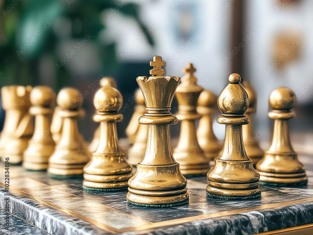 Gold chess pieces on a marble board, representing strategy and competition. Gold chess pieces on a marble board, representing strategy and competition.