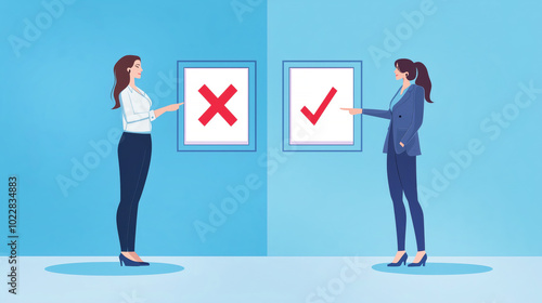 Business decision-making concept with correct and incorrect choice depicted by illustrative characters