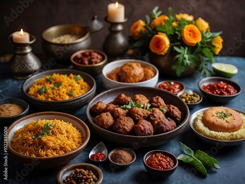 Eid holiday iftar table for Ramadan family dinner and Breaking Fast for Arabic Middle Eastern traditional cuisine. Arabic cuisine spread for family iftar