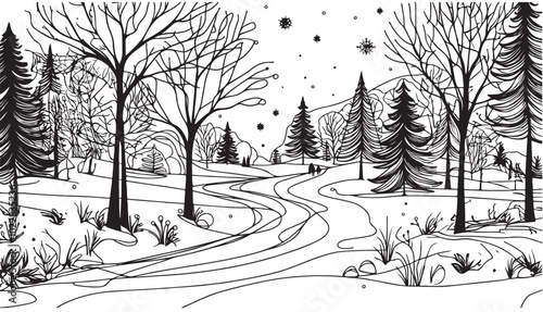 winter Landscape abstract doodles concept. Plants, tree. Cartoon sketch illustration