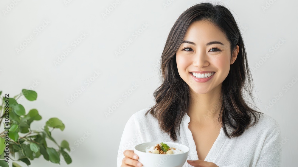 Asian woman smiling as she balances her workload and enjoys a healthy snack, cozy office nook, asian woman, working, joyful Asian woman smiling as she balances her workload and enjoys a healthy snack, cozy office nook, asian woman, working, joyful