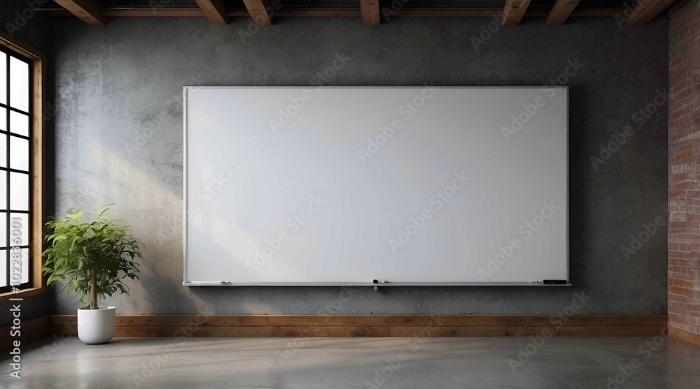 Minimalist Industrial Office Space Featuring a Large Wall-Mounted Whiteboard and a Potted Plant Against Concrete and Brick Walls Minimalist Industrial Office Space Featuring a Large Wall-Mounted Whiteboard and a Potted Plant Against Concrete and Brick Walls