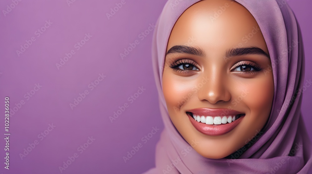 An attractive young woman wearing a hijab, smiling against a solid purple background An attractive young woman wearing a hijab, smiling against a solid purple background