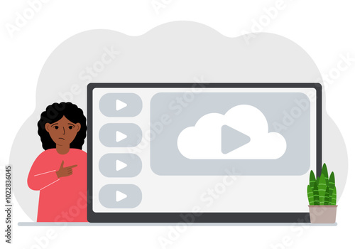 A little girl looks at the huge screen of a TV device, tablet or computer. The concept of a children's show or educational channel. Vector flat illustration