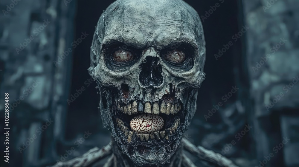 A haunting close-up of an eerie skeleton with glowing eyes, showcasing intricate details in a dark, atmospheric setting. A haunting close-up of an eerie skeleton with glowing eyes, showcasing intricate details in a dark, atmospheric setting.
