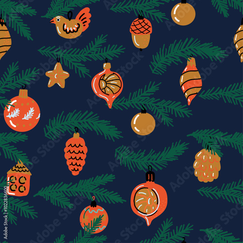Red and gold Christmas baubles with fir branches. Vintage Christmas glass on blue background. Retro ornament seamless pattern.