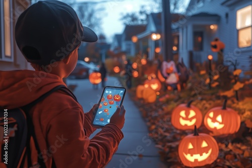 Augmented Reality Halloween Experience: Child Using Smartphone AR App to Navigate a Halloween-Themed Scavenger Hunt in Suburban Neighborhood