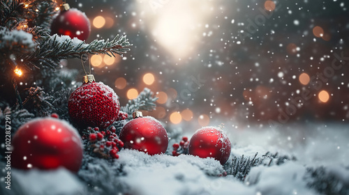 Red Christmas balls close up photo