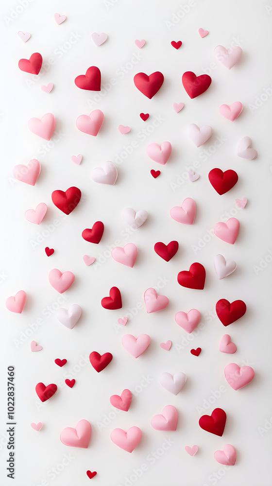 Colorful hearts in soft pink and red shades artfully arranged against a white background, creating a romantic and festive atmosphere for Valentine's Day celebration Colorful hearts in soft pink and red shades artfully arranged against a white background, creating a romantic and festive atmosphere for Valentine's Day celebration