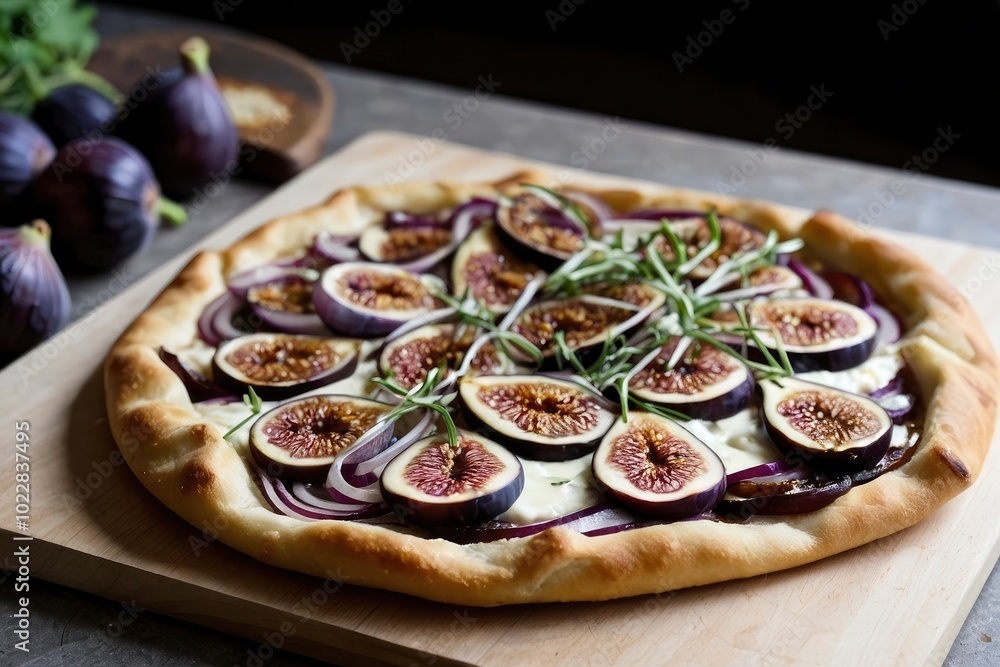 Fig and red onion and goat cheese and honey added to French Tarte Flambee (Flammkuchen). Savory Tarte Flambee with fig, onion, and cheese Fig and red onion and goat cheese and honey added to French Tarte Flambee (Flammkuchen). Savory Tarte Flambee with fig, onion, and cheese
