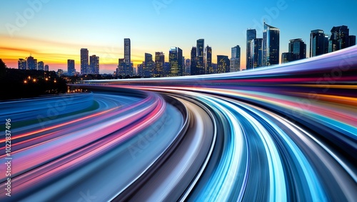 A Bus is Driving on the Highway, with the Sunset in the Background, Creating a Motion Blur Effect Through Long Exposure Photography