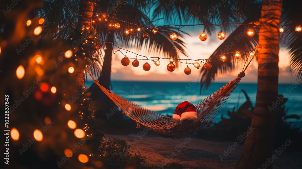 Tropical beach at sunset with festive lights, hammock, and palm trees creating a tranquil holiday scene, ideal for a peaceful getaway or relaxing vacation