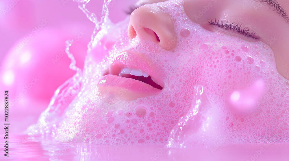 Woman's Face Covered in Pink Foam with Moisturizing Face Soap Woman's Face Covered in Pink Foam with Moisturizing Face Soap