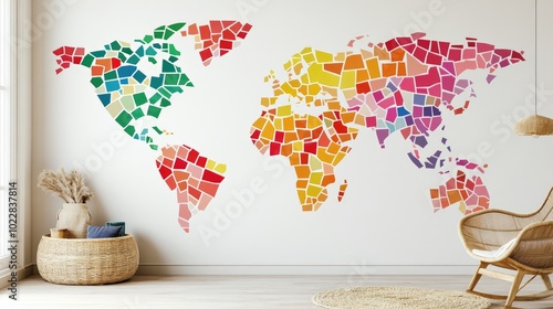 Colorful world map wallpaper with continents in various vibrant shades, ideal for educational or decorative use.