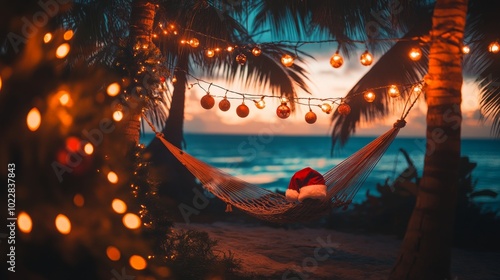 Tropical beach at sunset with festive lights, hammock, and palm trees creating a tranquil holiday scene, ideal for a peaceful getaway or relaxing vacation