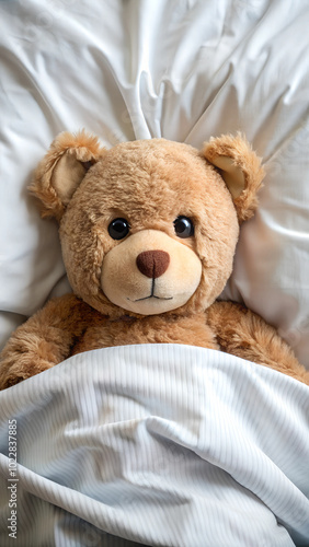 Teddy bear lying sick in bed. Teddy bear with antipyretic patch