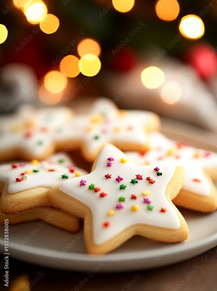 A plate of decorated sugar cookies in the shape of star : Generative AI A plate of decorated sugar cookies in the shape of star : Generative AI