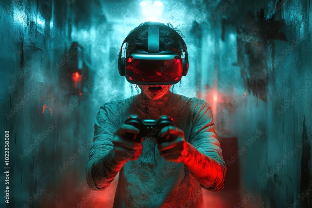 Virtual Reality Halloween Experience: Gamer in a Dimly Lit Room Wearing VR Headset, Navigating a Terrifying Virtual Environment Virtual Reality Halloween Experience: Gamer in a Dimly Lit Room Wearing VR Headset, Navigating a Terrifying Virtual Environment