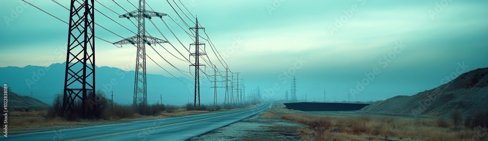 A Panoramic View of the Electric Grid in China, Showcasing Multiple Power Lines and Towers Against an Overcast Sky A Panoramic View of the Electric Grid in China, Showcasing Multiple Power Lines and Towers Against an Overcast Sky