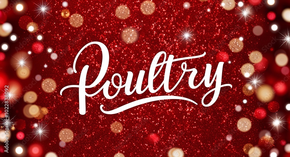 Fototapeta premium Poultry calligraphic lettering on red bokeh glitter festive sparkles background