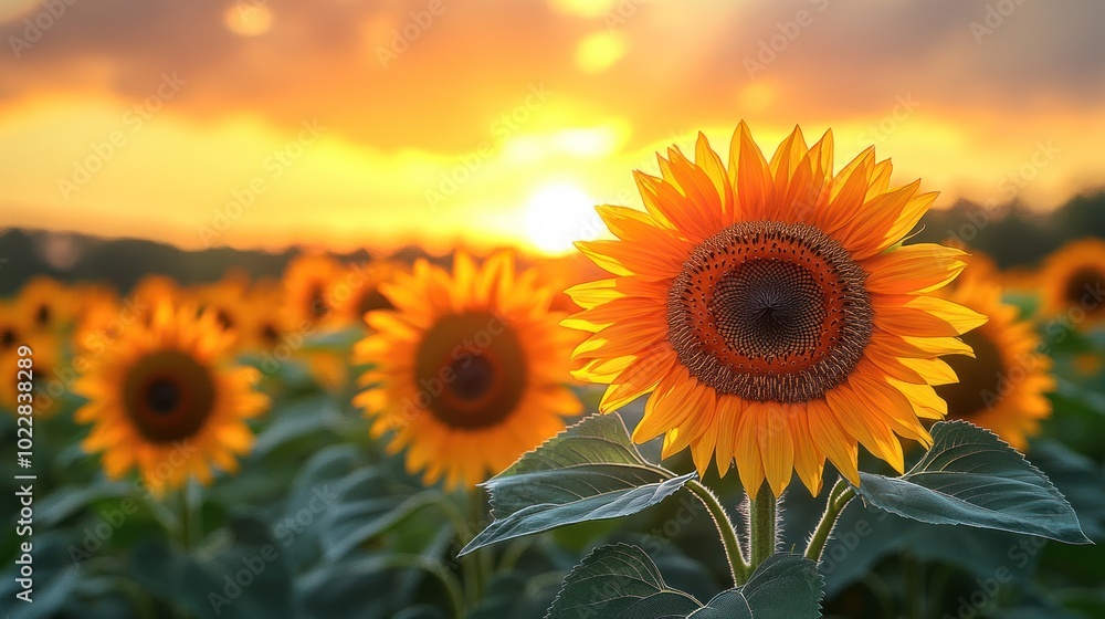 Sunflowers blooming at sunset in a vibrant field. Sunflowers blooming at sunset in a vibrant field.