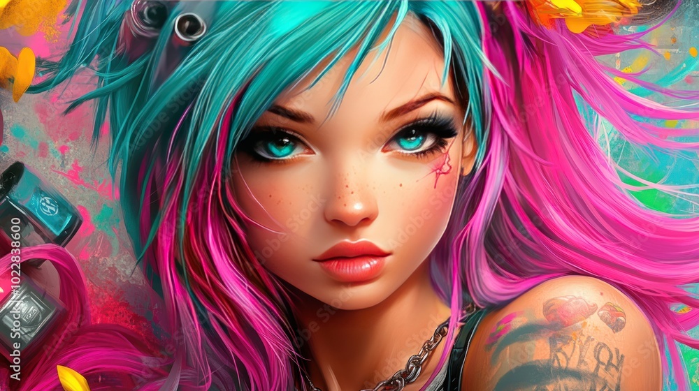 A vibrant portrait of a young woman with colorful hair and expressive features. A vibrant portrait of a young woman with colorful hair and expressive features.