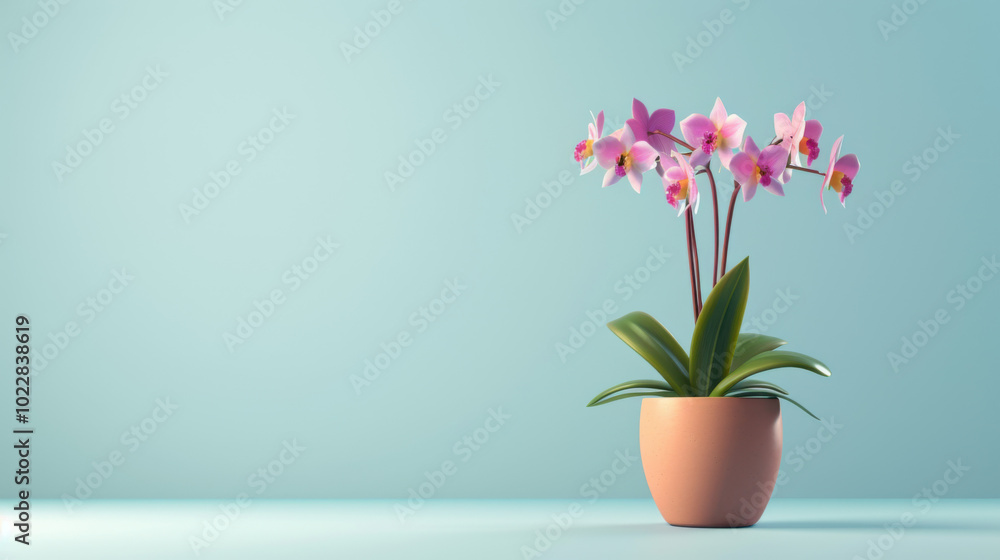 Pink Orchid Plant in Pot on a Light Blue Background Pink Orchid Plant in Pot on a Light Blue Background
