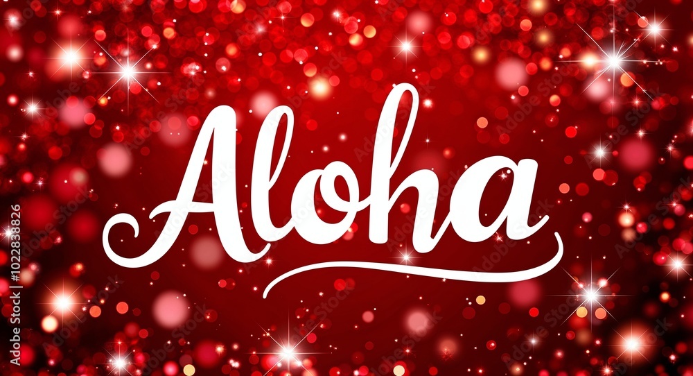 Fototapeta premium aloha calligraphic lettering on red bokeh glitter festive sparkles background