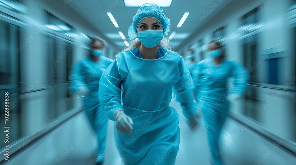 Healthcare professionals in scrubs and masks walking briskly through a modern hospital hallway Healthcare professionals in scrubs and masks walking briskly through a modern hospital hallway