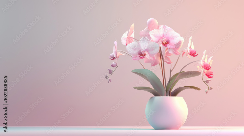 Pink Orchid in a White Pot on a Pastel Background Pink Orchid in a White Pot on a Pastel Background