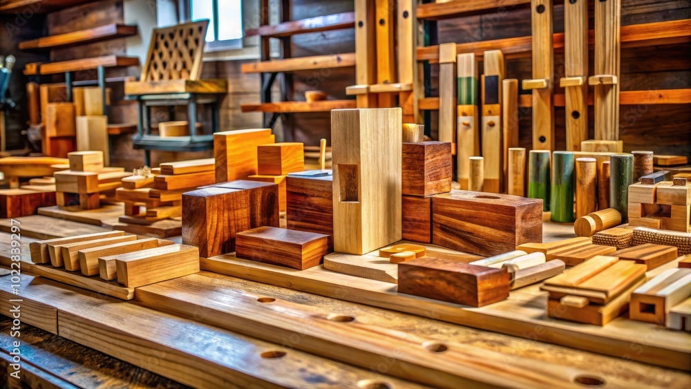 Obraz premium Various Types of Wood Joints Displayed on a Workbench for Carpentry and Woodworking Projects