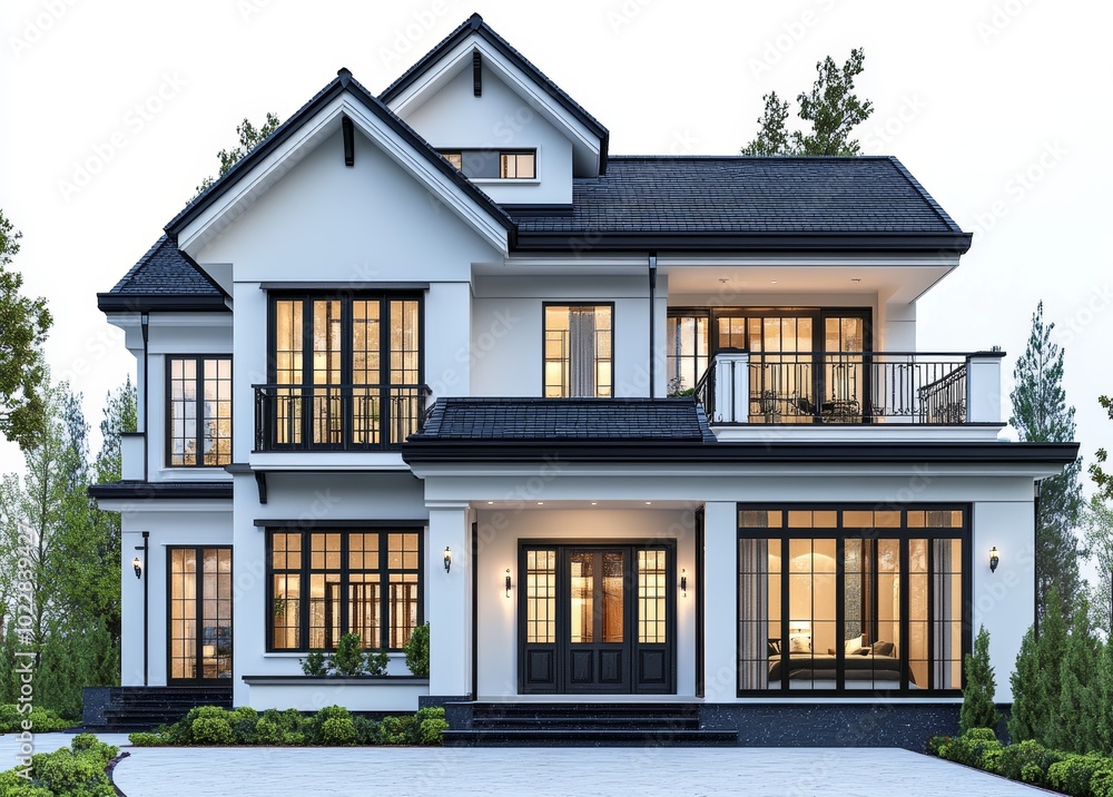A modern two-story house with a white exterior, black trim, and large windows. The house has a gabled roof and a front porch with a black door. There are trees and bushes in the front yard, a A modern two-story house with a white exterior, black trim, and large windows. The house has a gabled roof and a front porch with a black door. There are trees and bushes in the front yard, a