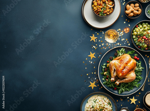 A beautifully decorated Christmas dinner table with an ornate plate of roasted chicken