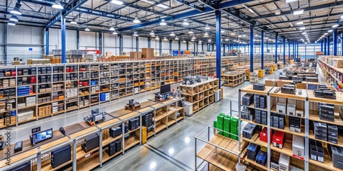 Vast Electronics Warehouse Filled with Shelves of Modern Gadgets and Devices for Retail Display