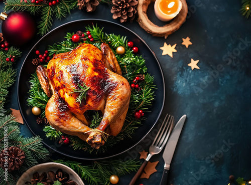 A beautifully decorated Christmas dinner table with an ornate plate of roasted chicken