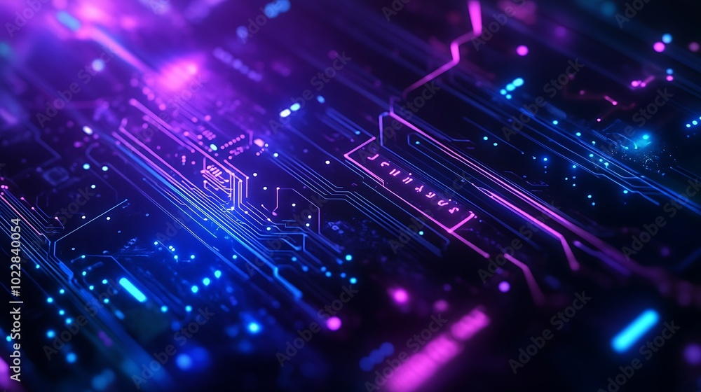 Fototapeta premium Striking blue and purple circuit designs creating a high-tech atmosphere.