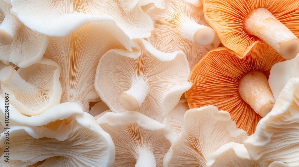 Artistic close-up shot highlighting a variety of mushrooms with intricate textures and delicate colors, conveying the natural elegance and diversity of fungi. Artistic close-up shot highlighting a variety of mushrooms with intricate textures and delicate colors, conveying the natural elegance and diversity of fungi.