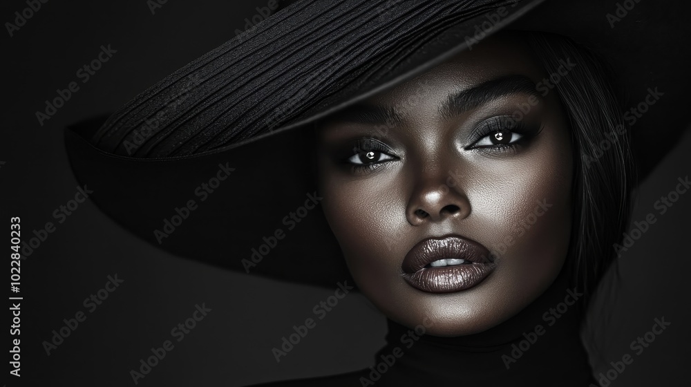 An artistic black and white close-up of a model wearing a wide-brimmed hat, showcasing their striking features and intense gaze, highlighting beauty and style. An artistic black and white close-up of a model wearing a wide-brimmed hat, showcasing their striking features and intense gaze, highlighting beauty and style.