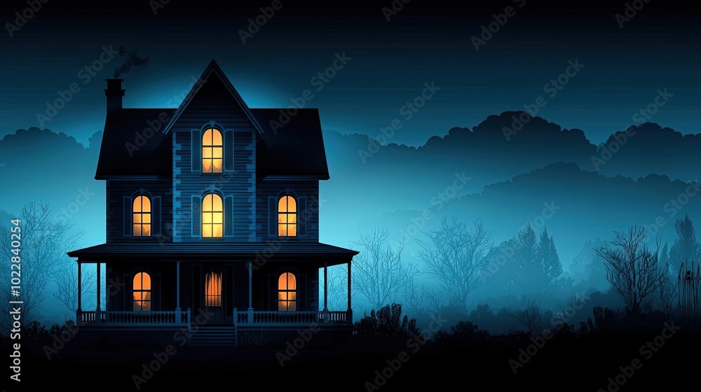 A spooky, illuminated house surrounded by fog and mountains, evoking a sense of mystery and intrigue in a nighttime landscape. A spooky, illuminated house surrounded by fog and mountains, evoking a sense of mystery and intrigue in a nighttime landscape.