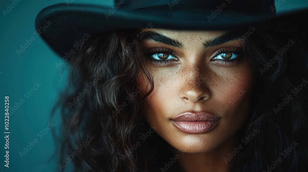 A closeup portrait features an individual with a hat and deeply expressive eyes gazing directly at the viewer, capturing a moment of intense connection and allure. A closeup portrait features an individual with a hat and deeply expressive eyes gazing directly at the viewer, capturing a moment of intense connection and allure.