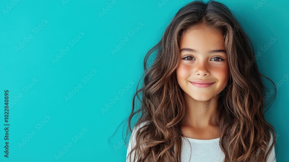 A young girl with long, wavy hair is smiling joyfully, standing against a vibrant blue wall, showcasing a moment of innocence, youth, and happiness in modern times. A young girl with long, wavy hair is smiling joyfully, standing against a vibrant blue wall, showcasing a moment of innocence, youth, and happiness in modern times.