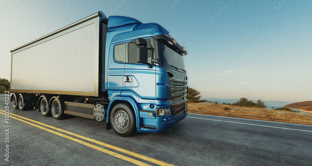 Fototapeta premium Truck on the highway Transport cargo in beautiful landscapes Suitable for shipping and transportation.