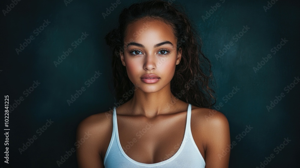 Obraz premium Beautiful woman in white T-shirt Female breast dark background