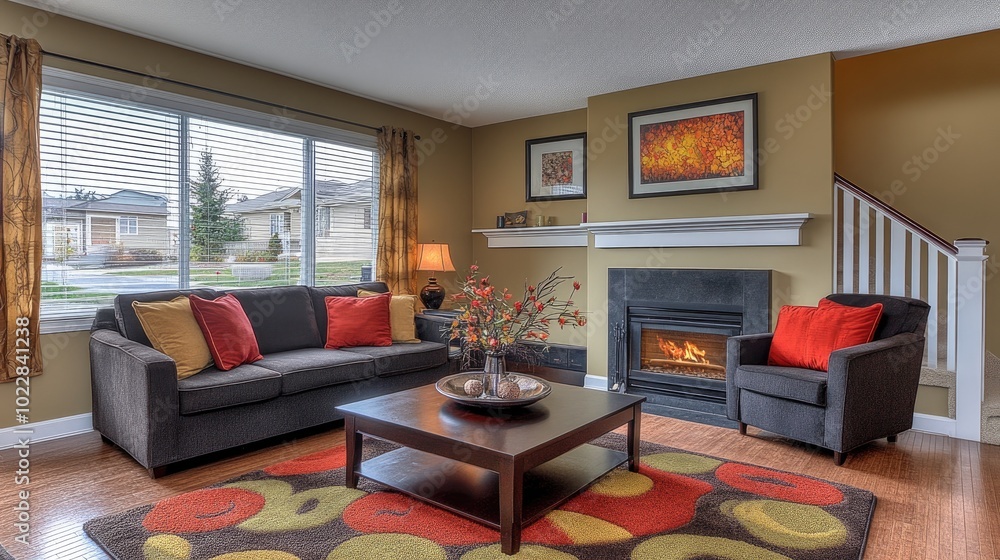 Fototapeta premium Elegant earth-toned living room with comfortable furniture, warm lighting, and abstract