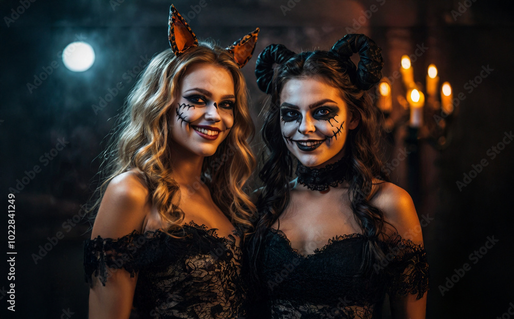 Young attractive ladies dressed and made up in halloween concept prepared for Halloween party Young attractive ladies dressed and made up in halloween concept prepared for Halloween party