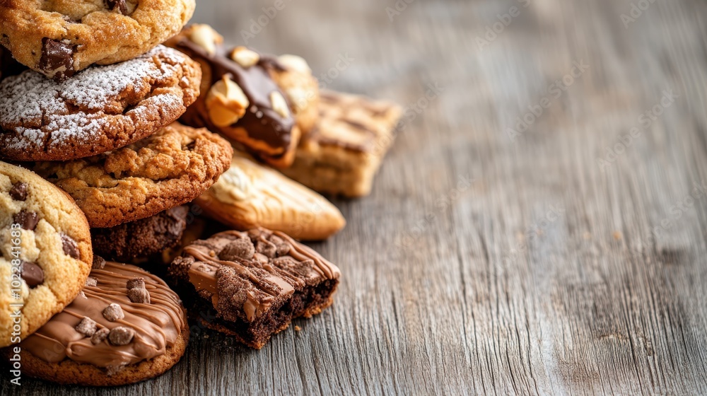 An assortment of cookies and sweets, including chocolate chip cookies, fudge brownies, and other treats, stacked and arranged appealingly on a rustic wooden table. An assortment of cookies and sweets, including chocolate chip cookies, fudge brownies, and other treats, stacked and arranged appealingly on a rustic wooden table.