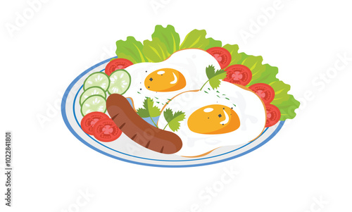 Fried egg dishes. Breakfast with fried egg, sausage, cucumber and tomato. Egg dish vector. Breakfast food clipart. Food clipart. Flat vector in cartoon style isolated on white background.